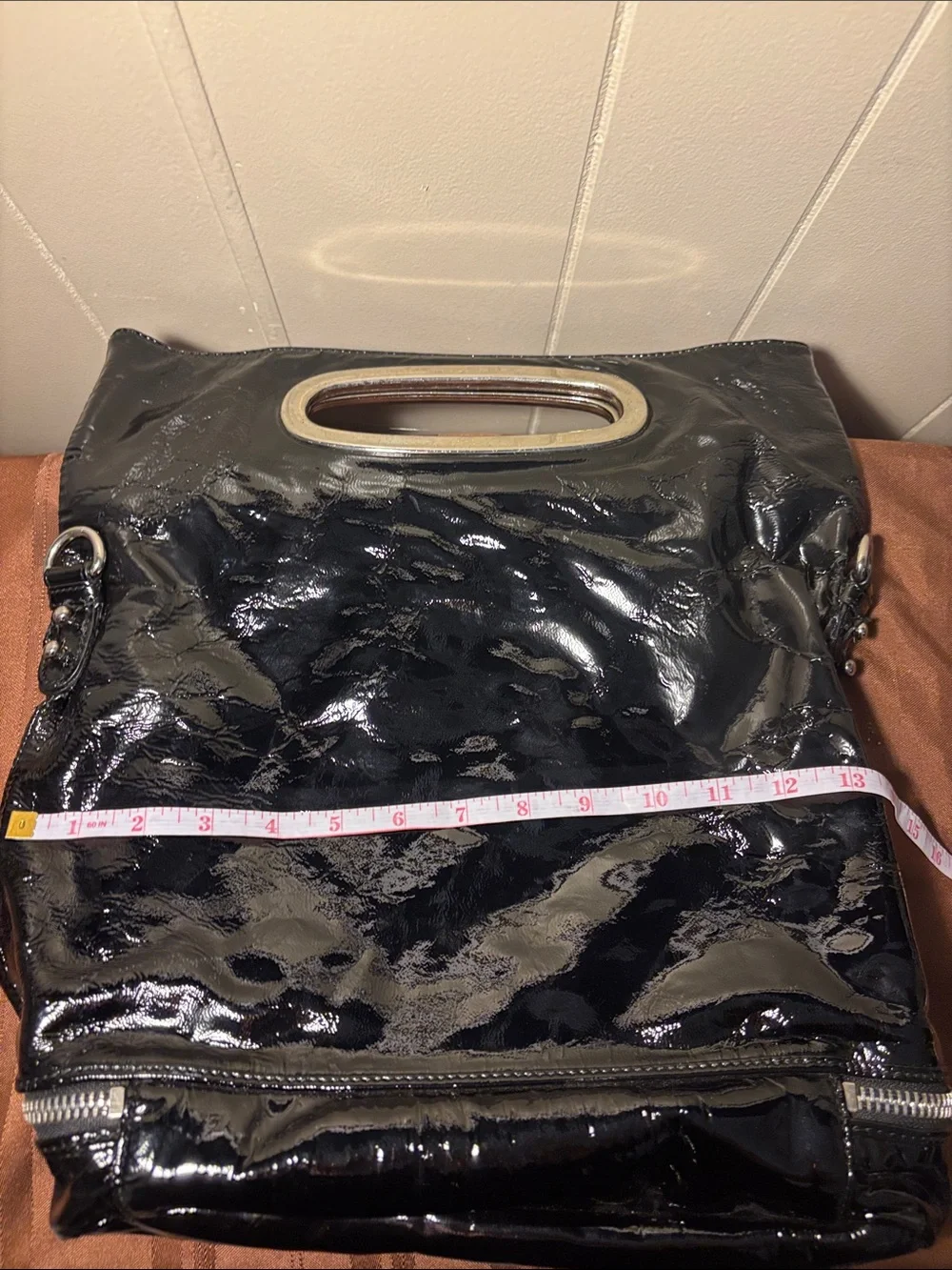 Badgley Mischka Black Crinkled Patent Leather 2Way Foldover Clutch Tote w/ Strap